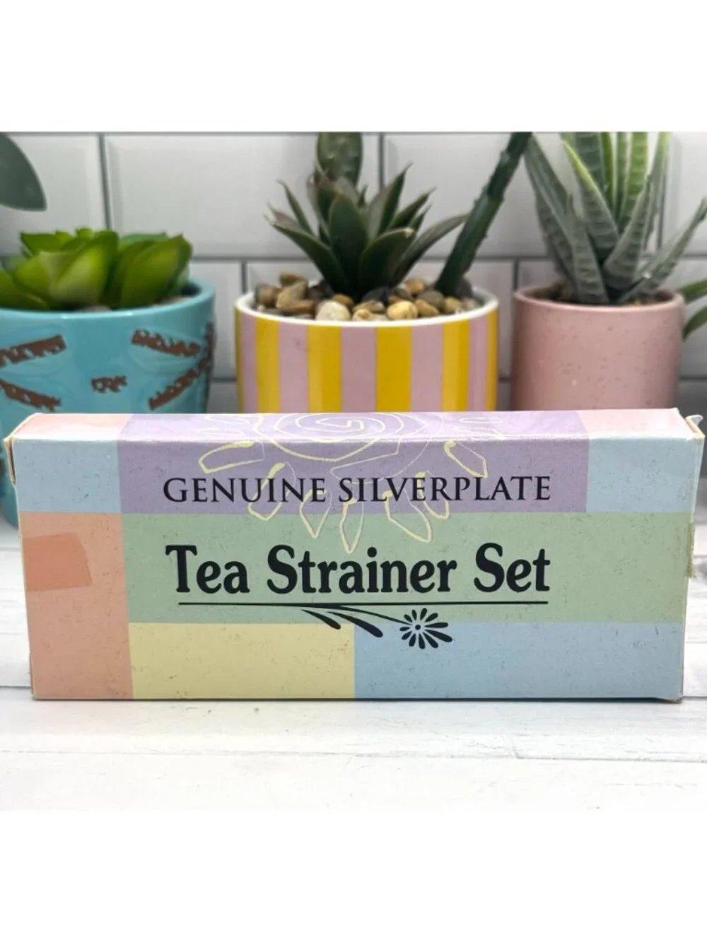 Genuine Silverplate Tea Strainer Set W/Ornate Handle & Base For Loose Leaf Tea